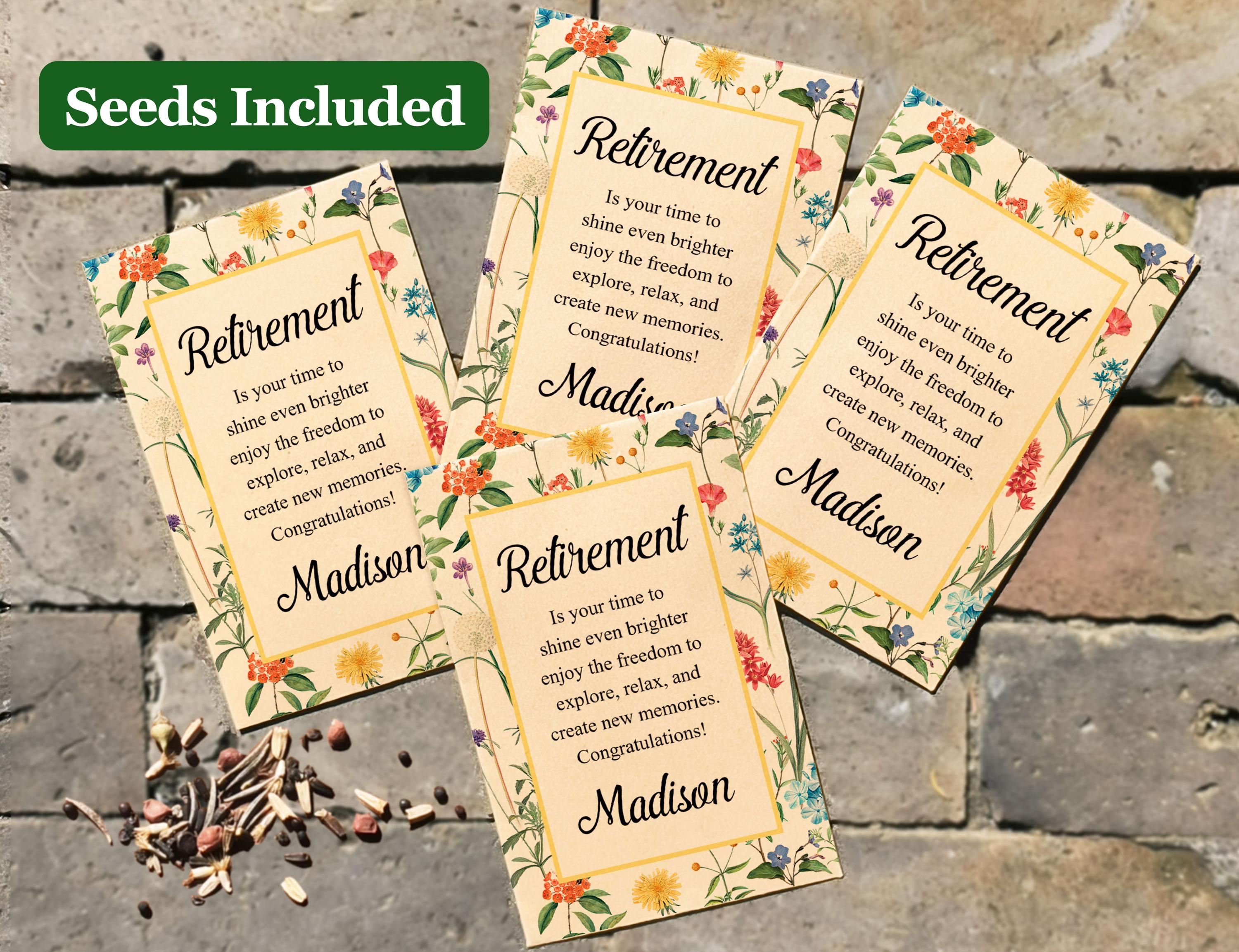 Bulk Custom Retirement Seed Favors, Personalized Wildflower Seed Packets for Retirement, Retirement Celebration Seed Envelopes, Party Favors