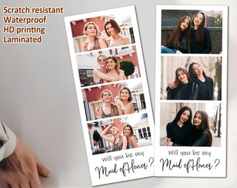 May include: Laminated photo strips featuring multiple images of smiling women. The text "Will you be my Maid of Honor?" is written in cursive at the bottom of each strip. The words "Scratch resistant, Waterproof, HD printing, Laminated" are printed on the left side.