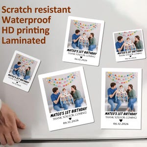 May include: Several white laminated magnets with a photo of a family celebrating a child's first birthday. The text on the magnets reads "MATEO'S 1ST BIRTHDAY THANK YOU FOR COMING 06.12.2026". The magnets are scratch resistant, waterproof, and have HD printing.