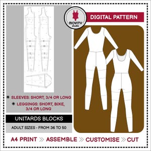 May include: A digital sewing pattern for unitards featuring technical line drawings of long-sleeve bodysuits with leggings. Text includes "DIGITAL PATTERN," "SLEEVES: SHORT, 3/4 OR LONG," "LEGGINGS: SHORT, BIKE, 3/4 OR LONG," "UNITARDS BLOCKS," and "A4 PRINT ASSEMBLE CUSTOMISE CUT."