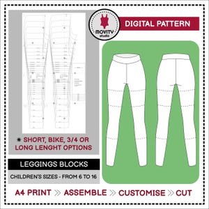 Puede incluir: Un patrón de costura digital para leggings infantiles en tallas de 6 a 16. La imagen muestra piezas técnicas de patrón, una vista frontal y trasera de leggings con opciones de largo y el texto DIGITAL PATTERN, LEGGINGS BLOCKS, A4 PRINT.