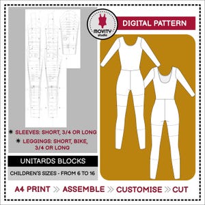 May include: A digital pattern for unitards in children's sizes 6 to 16, featuring technical line drawings of a long-sleeve unitard, pattern pieces, and text including "DIGITAL PATTERN," "SLEEVES: SHORT, 3/4 OR LONG," and "LEGGINGS: SHORT, BIKE, 3/4 OR LONG."