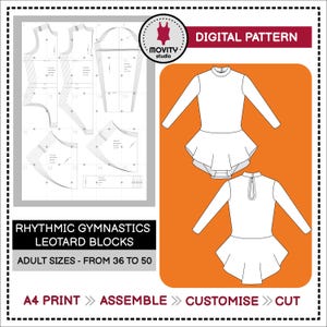 Könnte beinhalten: Digitales Schnittmuster für rhythmische Gymnastik-Leotard-Blöcke. Das Bild zeigt ein weißes Leotard-Design und Schnittmusterteile. Der Text enthält "Rhythmic Gymnastics Leotard Blocks" und "Adult Sizes - From 36 to 50".