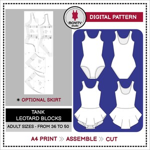 Digital Patterns Basic Tank Ballet Dance Leotard Blocks Adult Sizes