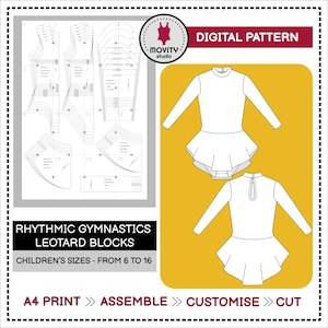 Op de afbeelding: Digitaal patroon voor ritmische gymnastiek turnpakjesblokken. De afbeelding toont een wit turnpakje ontwerp met lange mouwen en een rok, samen met patroondelen. Tekst omvat "Rhythmic Gymnastics Leotard Blocks" en "Children's Sizes - From 6 to 16".