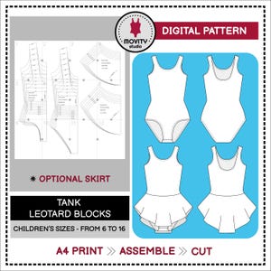 May include: A digital pattern for a tank leotard with an optional skirt, featuring technical sewing templates and illustrations of the finished garment. The text reads DIGITAL PATTERN, MOVITY studio, OPTIONAL SKIRT, TANK LEOTARD BLOCKS, CHILDREN'S SIZES - FROM 6 TO 16, A4 PRINT, ASSEMBLE, CUT.