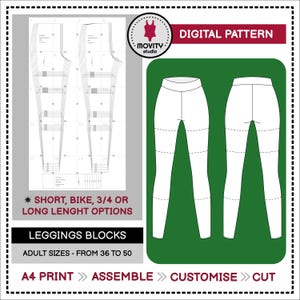 Può includere: Un cartamodello digitale per leggings con disegni tecnici di viste frontali e posteriori, pezzi del modello su griglia ed etichette di testo tra cui "DIGITAL PATTERN," "SHORT, BIKE, 3/4 OR LONG LENGHT OPTIONS," "LEGGINGS BLOCKS," e "A4 PRINT."
