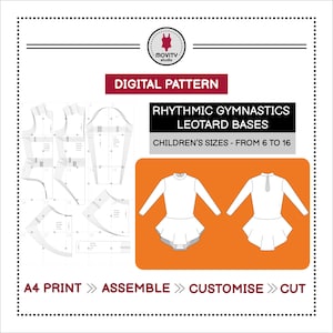 以下が含まれることがあります： 新体操レオタードベースのデジタルパターン。画像には、レオタードベースのデザインと2つの白いレオタードのイラストが表示されています。「Digital Pattern」、「Children's Sizes - From 6 to 16」というテキストと、「A4 Print」、「Assemble」、「Customise」、「Cut」という指示が含まれています。