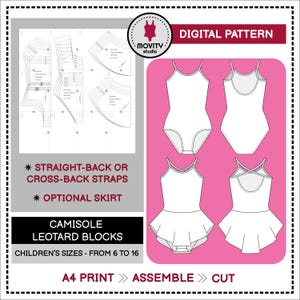 Puede incluir: Patrón digital para bloques de maillot de camisola. La imagen muestra un diseño de patrón e ilustraciones del maillot con tirantes rectos o cruzados y una falda opcional. Tallas de niños de 6 a 16.