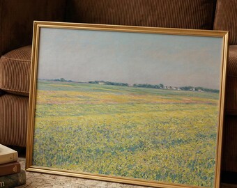 Wildflower Field Landscape Print, Yellow Flower Meadow Painting, Impressionist Countryside Wall Art, Vintage Floral Landscape Decor 211