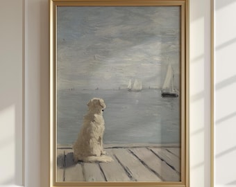 Golden Retriever Art Print, Dog Wall Art, Vintage Impressionist Oil Painting, Coastal Sailboat Decor, Dog Gift for Dog Lover 220