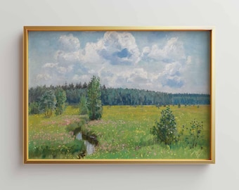 Wildflower Spring Meadow Landscape Print, Flowers Field Oil Painting, Countryside Pastoral Wall Art, Colorful Nature Artwork 173