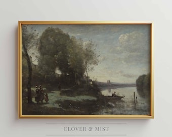 Moody Vintage River Landscape Print, Antique Pastoral Wall Art, Muted Landscape, Old World Rustic Decor, Classic European Painting 177