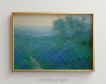 Moody Wildflower Meadow Landscape Painting, Blue Flower Field Art Print, Muted Countryside Landscape Wall Art, Vintage Nature Painting 189
