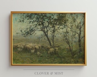 Vintage Pastoral Landscape Painting, Countryside Oil Poster, Farm Art Print, Rustic Country Wall Art, Sheep Pastoral Artwork 179