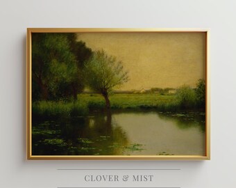 Moody Lake Landscape Painting, Tranquil Water Art Print, Pastoral Countryside Wall Art, Vintage Nature Landscape 197