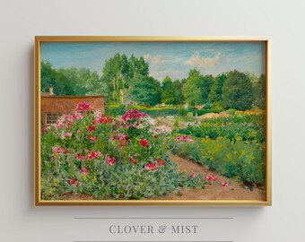 Cottage Garden Oil Painting, Flower Garden Landscape Art Print, Floral Garden Wall Decor, Botanical Artwork, Vintage Garden Art 183