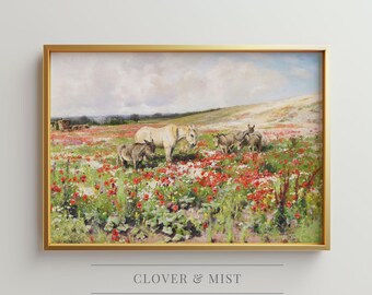 Wildflower Horse Painting, Colorful Meadow Flowers Landscape Art, Vintage Farm Animal Painting, Cottagecore Nature Artwork 199
