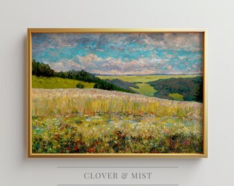 Wildflower Meadow Landscape Painting, Colorful Field Flowers Wall Art, Vintage Impressionist Countryside Artwork, Nature Decor 207