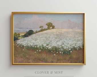 Vintage Wildflower Meadow Oil Painting Landscape, Flower Field Painting, Floral Landscape Art Print, Cottage Garden Painting 183