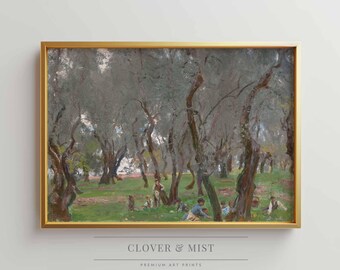 Muted Spring Painting, Impressionist Landscape Print, Green Woodland Wall Art, Pastoral Park Scene, Vintage Nature Decor 178