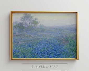 Bluebonnet Field Painting, Texas Wildflower Art Print, Blue Flower Meadow Artwork, Vintage Spring Landscape Wall Art 188