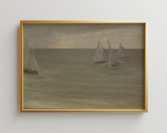 Moody Ocean Painting, Coastal Landscape Wall Art, Beach House Decor, Neutral Seascape Print, Sailboat Wall Art, Calm Ocean Art 219