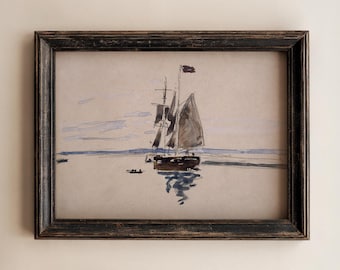 Vintage Sailboat Print, Neutral Coastal Wall Art, Nautical Boat Sketch, Beach House Art, Minimal Ocean Decor 216