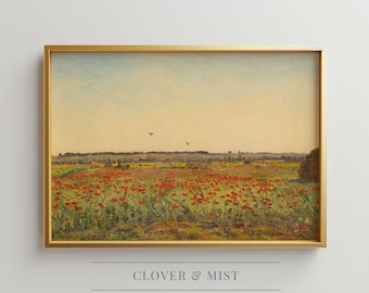 Poppy Field Landscape Painting, Red Flowers Field Art Print, Impressionist Countryside Painting, Vintage Wildflower Meadow Wall Art 212