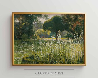 Vintage Garden Landscape Painting, Wildflower Meadow Wall Art, Impressionist Flower Field Print, Antique Botanical Landscape Decor 208