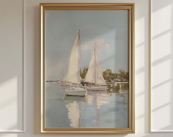 Light Blue Sailboat Painting: Vintage Nautical Lake House Art 95