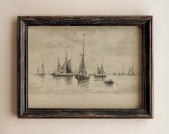 Vintage Sailboat Wall Art, Antique Coastal Print, Nautical Wall Art, Ships Painting, Beach House Decor, Lake House Art 215
