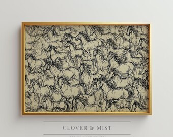 Vintage Horses Abstract Art, Horse Sketch, Western Horse Decor, Antique Drawing 164