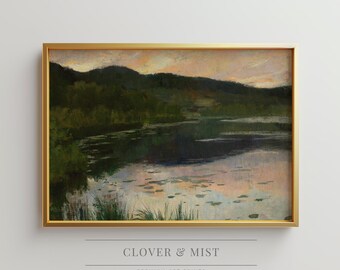 Lake Landscape Painting, Vintage Nature Wall Art, Moody Lake Decor, River Landscape Artwork, Antique Style Scenic Painting 200