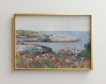Coastal Wildflower Landscape Print, Spring Seascape Oil Painting, Ocean Cliff Artwork, Countryside Coastal Wall Art 175