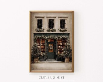 Vintage Christmas Bookshop Art Print, Cozy Winter Scene 141