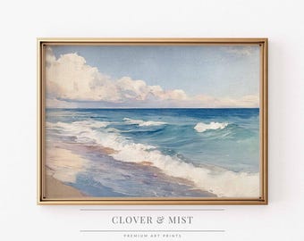 Coastal Ocean Painting, Vintage Seascape Wall Art, Antique Beach Artwork, Ocean Waves Art Print, Neutral Coastal Decor 144