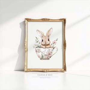 Stampa di coniglietto in tazza da tè floreale, arte murale vintage per la cameretta dei bambini, decorazione per la cameretta dei bambini con coniglio in stile Cottagecore, decorazione per la cameretta dei bambini con coniglietto in acquerello 67