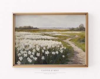 Vintage White Wildflowers Painting: Spring Meadow Landscape Art 79