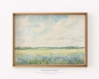 Blue Wildflower Field Painting: Cottagecore Spring Wall Art