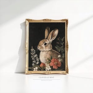 Vintage Bunny Botanical Print: Dark Cottagecore Rabbit Wall Art 1
