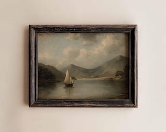 Vintage Sailboat Painting, Antique Lake Landscape Art 164