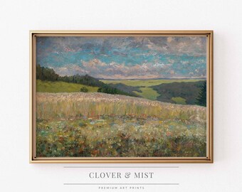 Vintage Wildflowers Landscape Oil Painting, Rolling Hills Meadow Wall Art, Antique Countryside Artwork, Framed Pastoral Nature Decor 165