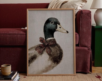 Vintage Duck Painting with Gingham Bow, Countryside Animal Wall Art, Farmhouse Rustic Decor 142