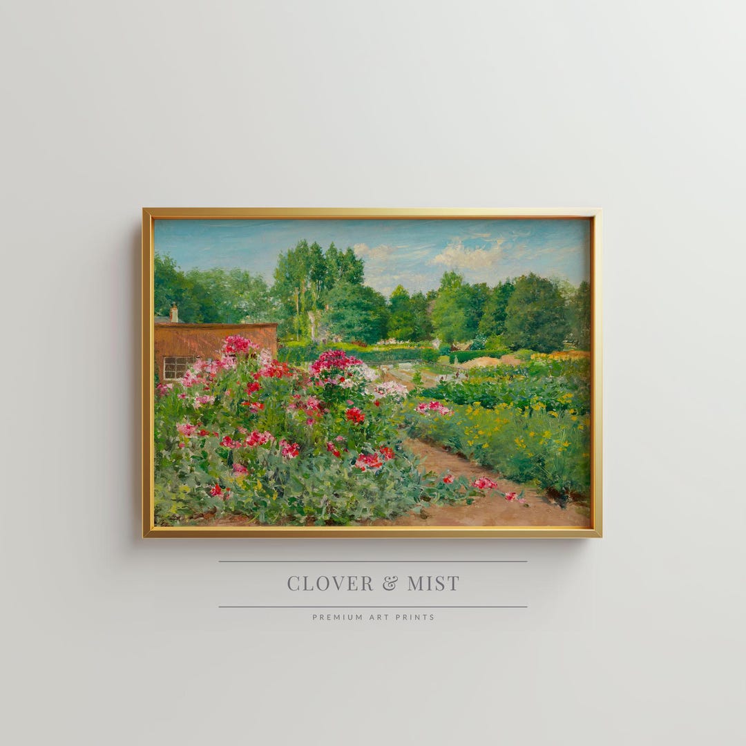 Cottage Garden Oil Painting, Flower Garden Landscape Art Print, Floral ...