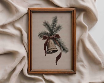 Vintage Christmas Bell Painting, Holiday Wall Art with Red Bow, Rustic Winter Decor 138