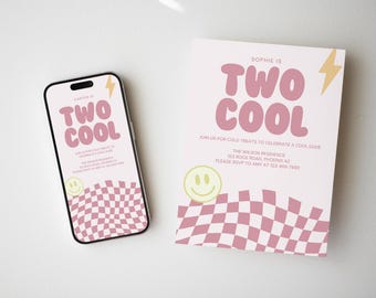 Two Cool 2nd Birthday Invite Template | Lightening Bolt Smiley | Checkered Smiley Face Birthday invite | Retro Birthday | Girl Birthday