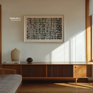 May include: A mid-century modern wooden cabinet with a framed photo collage of 276 photos. A large beige vase and a small dark brown vase sit on top of the cabinet. The text "TEMPLATE 3: 276 PHOTOS" is visible.