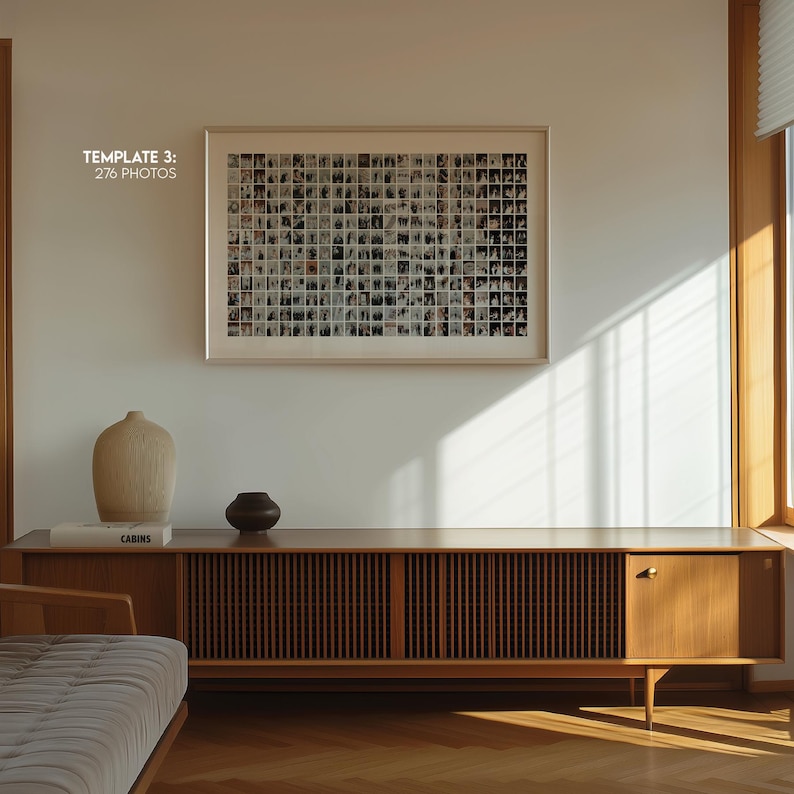 May include: A mid-century modern wooden cabinet with a framed photo collage of 276 photos. A large beige vase and a small dark brown vase sit on top of the cabinet. The text "TEMPLATE 3: 276 PHOTOS" is visible.