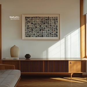 May include: A wooden cabinet with a framed photo collage of 160 photos. The cabinet has a slatted design on the doors and a small, round, dark-colored vase on top. A large, light-colored vase and a book are also on the cabinet.